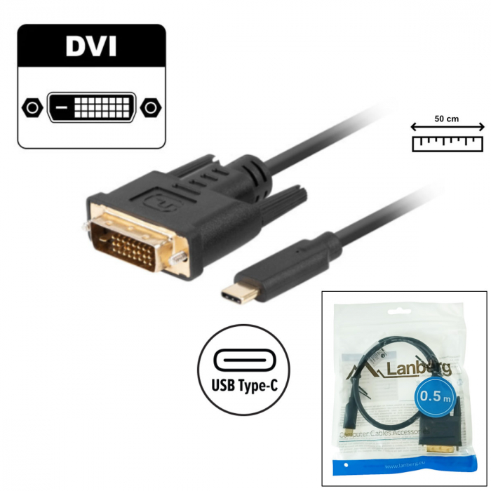 Cablu video USB-C la DVI-D 24+1 pini, 0.5m, tata-tata, dual link, HDR, Lanberg 43683, 4K-60Hz, negru [2]