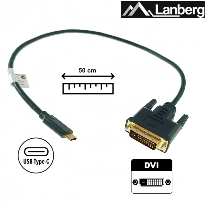 Cablu video USB-C la DVI-D 24+1 pini, 0.5m, tata-tata, dual link, HDR, Lanberg 43683, 4K-60Hz, negru [4]