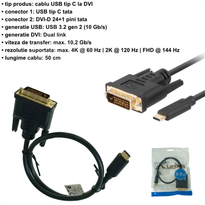 Cablu video USB-C la DVI-D 24+1 pini, 0.5m, tata-tata, dual link, HDR, Lanberg 43683, 4K-60Hz, negru [6]