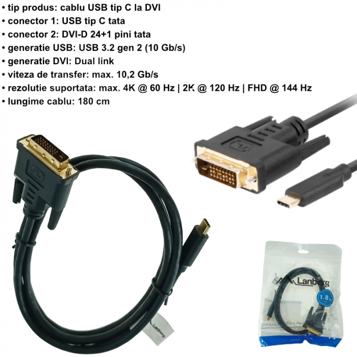 Cablu video USB-C la DVI-D 24+1 pini, 1.8m, tata-tata, dual link, HDR, Lanberg 43685, 4K-60Hz, negru [6]