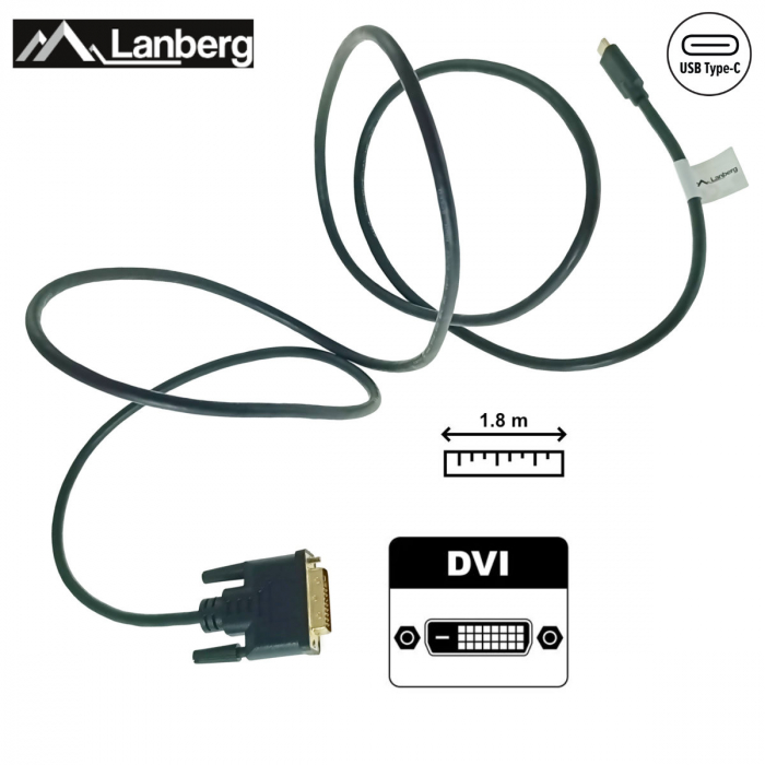 Cablu video USB-C la DVI-D 24+1 pini, 1.8m, tata-tata, dual link, HDR, Lanberg 43685, 4K-60Hz, negru [4]