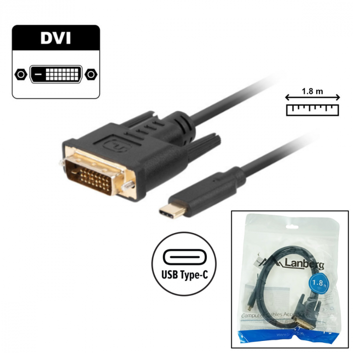 Cablu video USB-C la DVI-D 24+1 pini, 1.8m, tata-tata, dual link, HDR, Lanberg 43685, 4K-60Hz, negru [2]