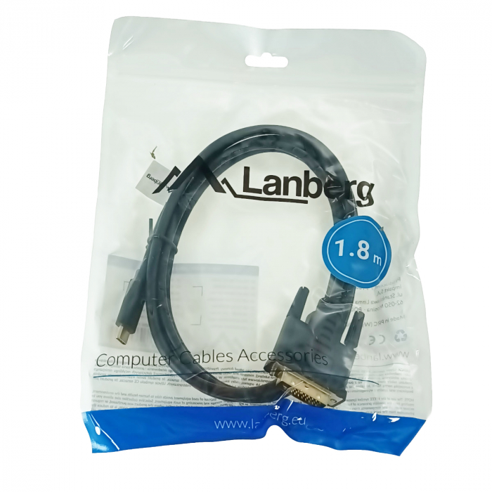 Cablu video USB-C la DVI-D 24+1 pini, 1.8m, tata-tata, dual link, HDR, Lanberg 43685, 4K-60Hz, negru [5]