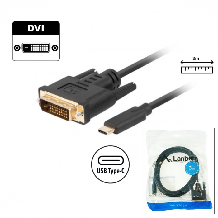 Cablu video USB-C la DVI-D 24+1 pini, 3m, tata-tata, dual link, HDR, Lanberg 43686, 4K-60Hz, negru [2]