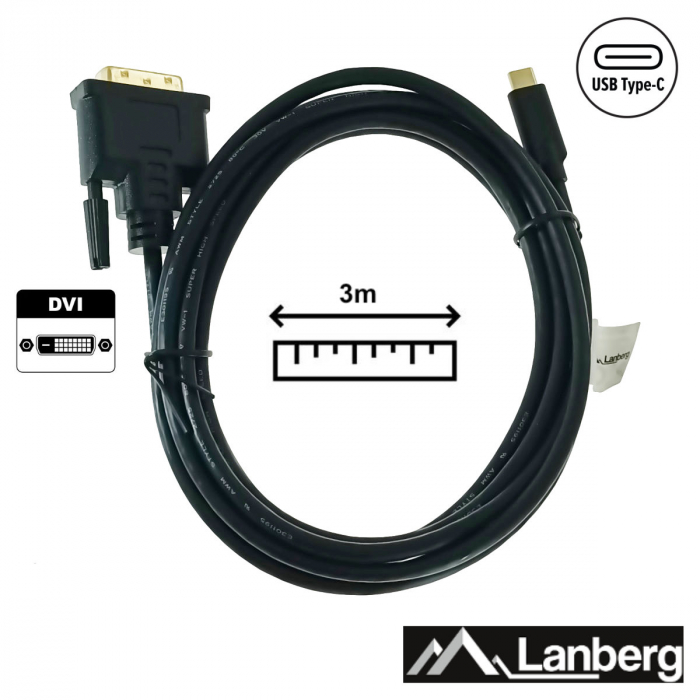 Cablu video USB-C la DVI-D 24+1 pini, 3m, tata-tata, dual link, HDR, Lanberg 43686, 4K-60Hz, negru [3]