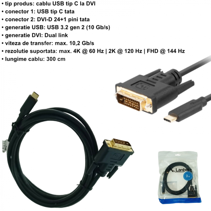 Cablu video USB-C la DVI-D 24+1 pini, 3m, tata-tata, dual link, HDR, Lanberg 43686, 4K-60Hz, negru [6]