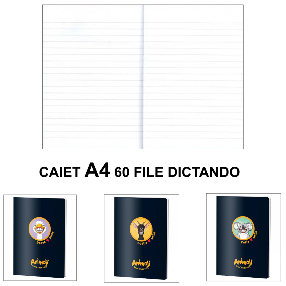 Caiet A4 60 File Dictando - Notite, Scolar si Birou, Design Animoji pe Fundal Negru [3]