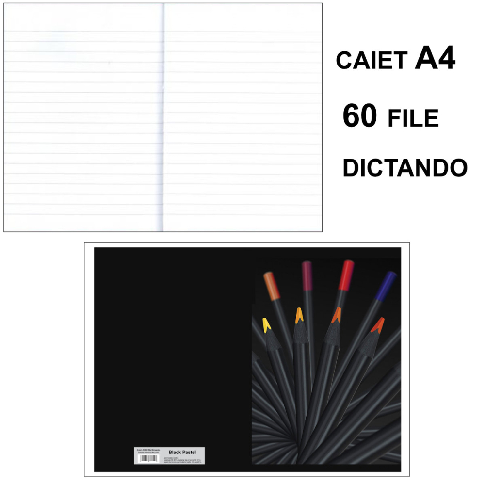 Caiet A4 Dictando 60 File - Notite, Scolar si Birou, Design Black Pastel cu Creioane Colorate [3]