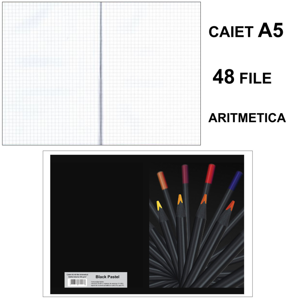 Caiet A5 Aritmetica 48 File - Calcule si Geometrie Portabile, Uz Scolar si Meditatii Practice, Design Black Pastel [3]