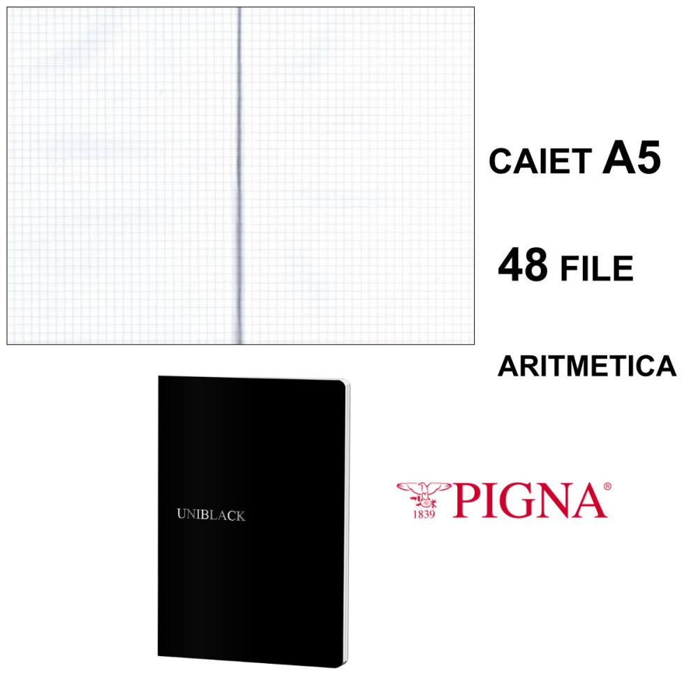 Caiet A5 Aritmetica 48 File - Rezistenta si Precizie Portabila, Calcule si Geometrie, Coperta PP Negru Design UNIBLACK [3]