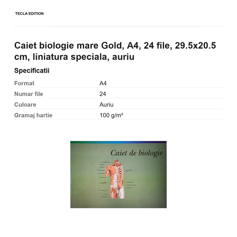 Caiet biologie mare Gold, A4, 24 file, 29.5x20.5 cm, liniatura speciala, auriu [3]