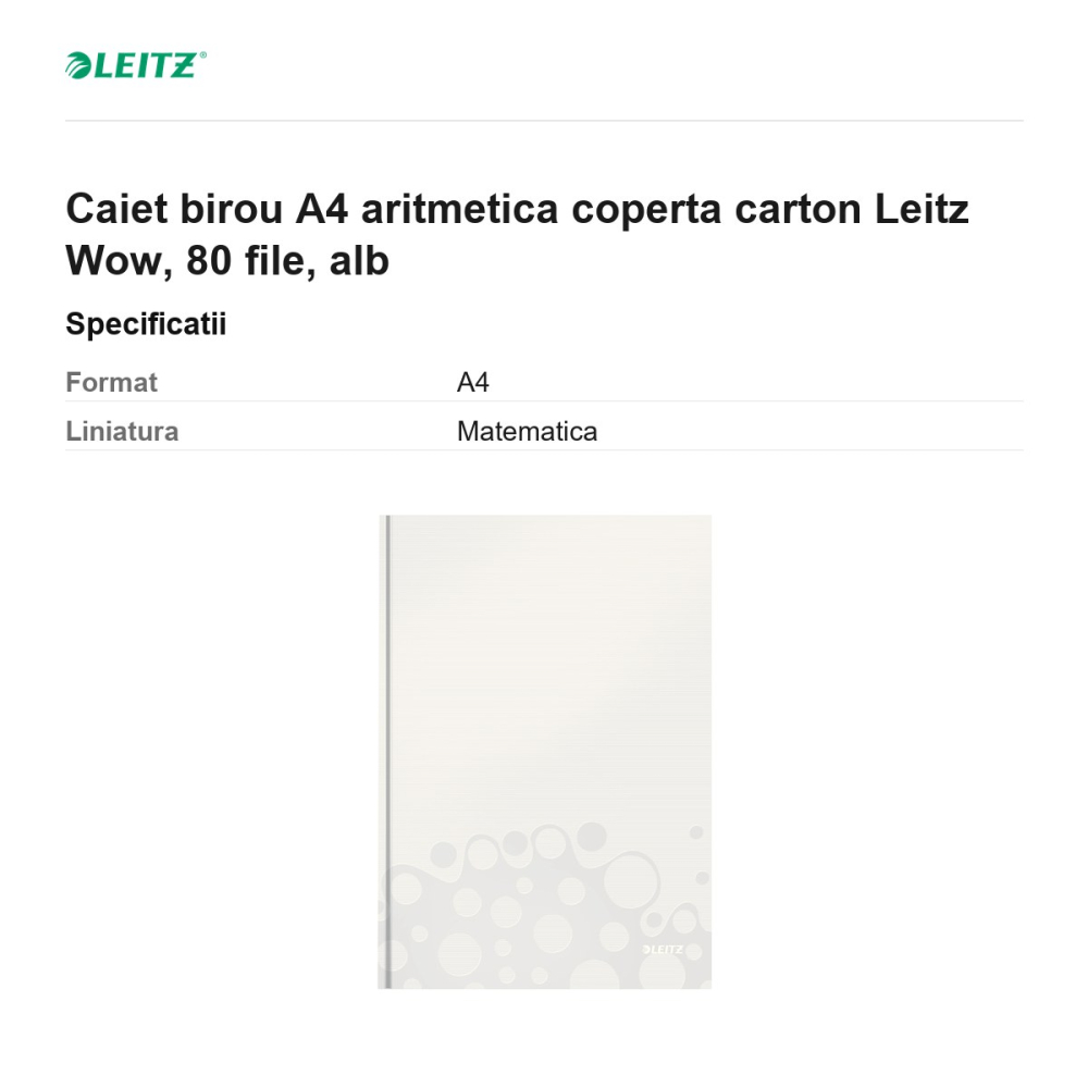 Caiet birou A4 aritmetica coperta carton Leitz Wow, 80 file, alb [3]