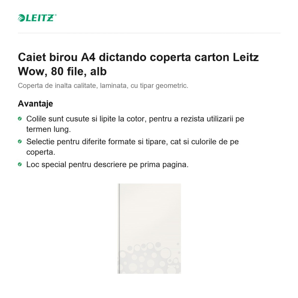 Caiet birou A4 dictando coperta carton Leitz Wow, 80 file, alb [2]