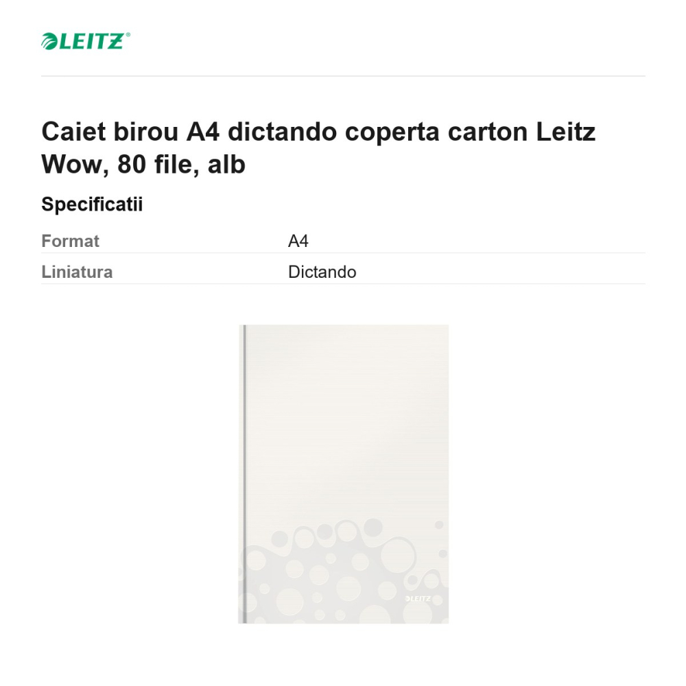 Caiet birou A4 dictando coperta carton Leitz Wow, 80 file, alb [3]