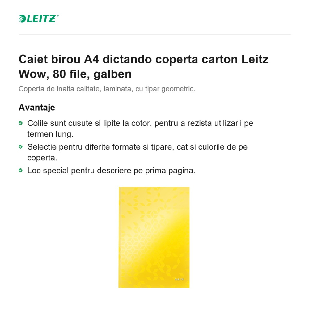 Caiet birou A4 dictando coperta carton Leitz Wow, 80 file, galben [2]
