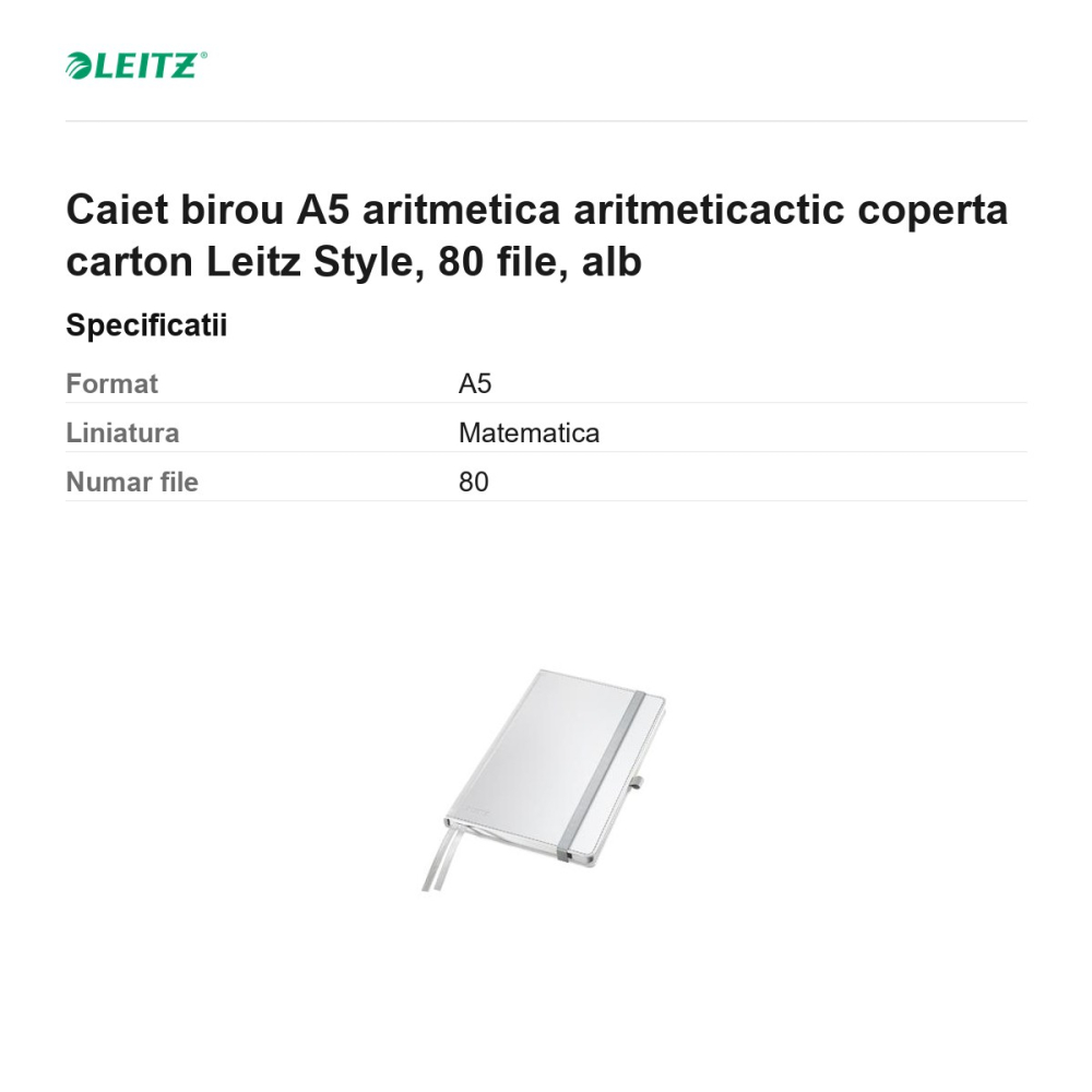 Caiet birou A5 aritmetica aritmeticactic coperta carton Leitz Style, 80 file, alb [3]