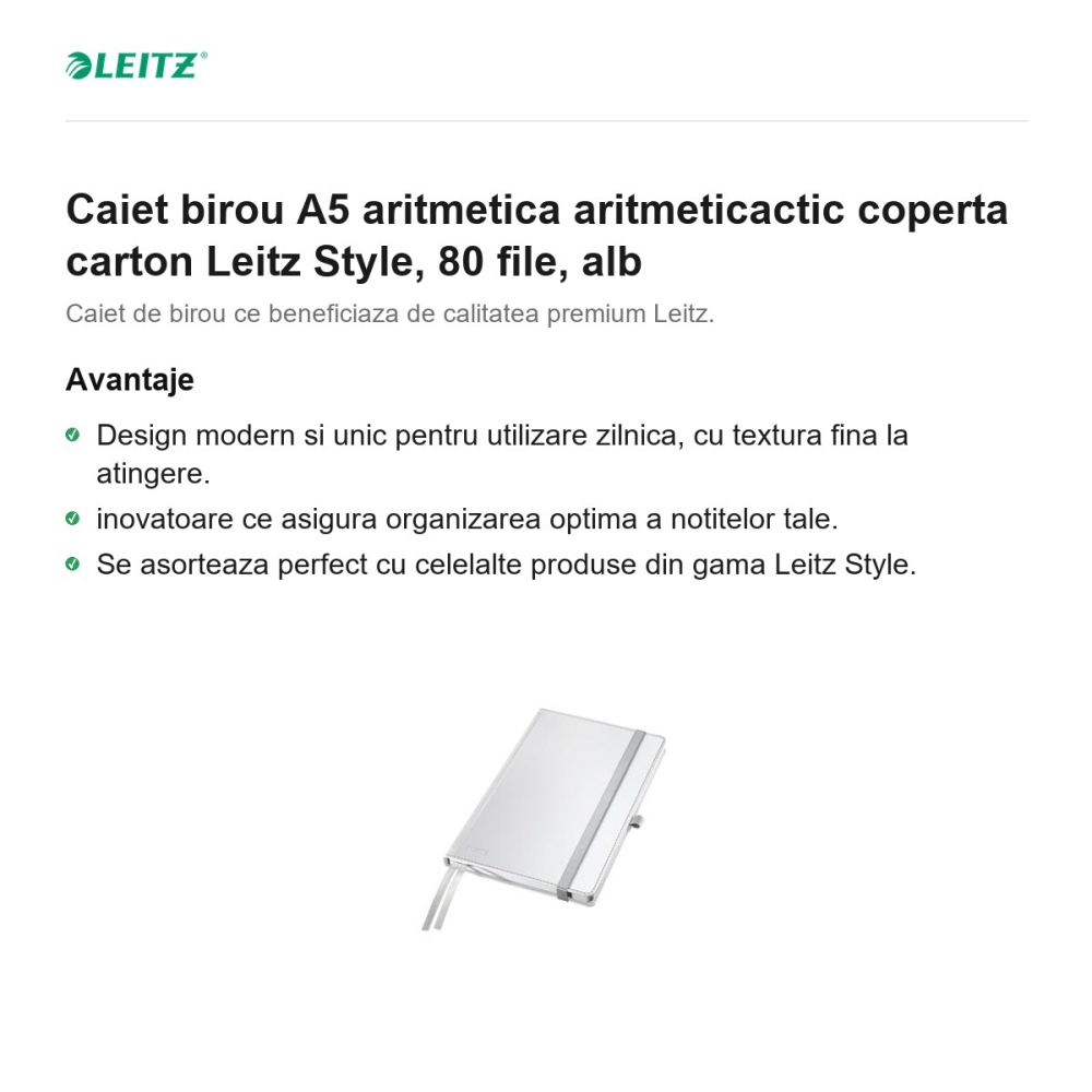 Caiet birou A5 aritmetica aritmeticactic coperta carton Leitz Style, 80 file, alb [2]
