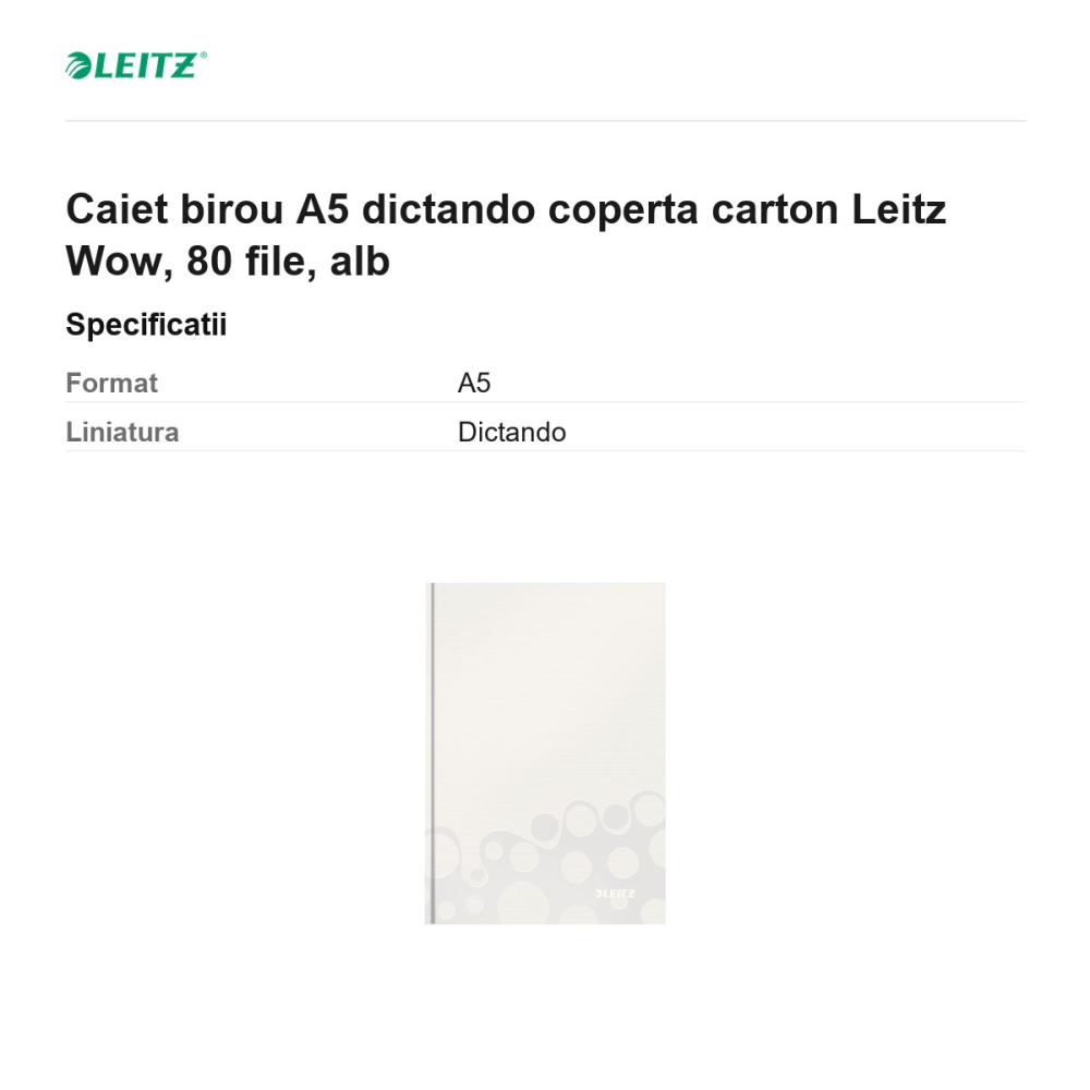 Caiet birou A5 dictando coperta carton Leitz Wow, 80 file, alb [3]