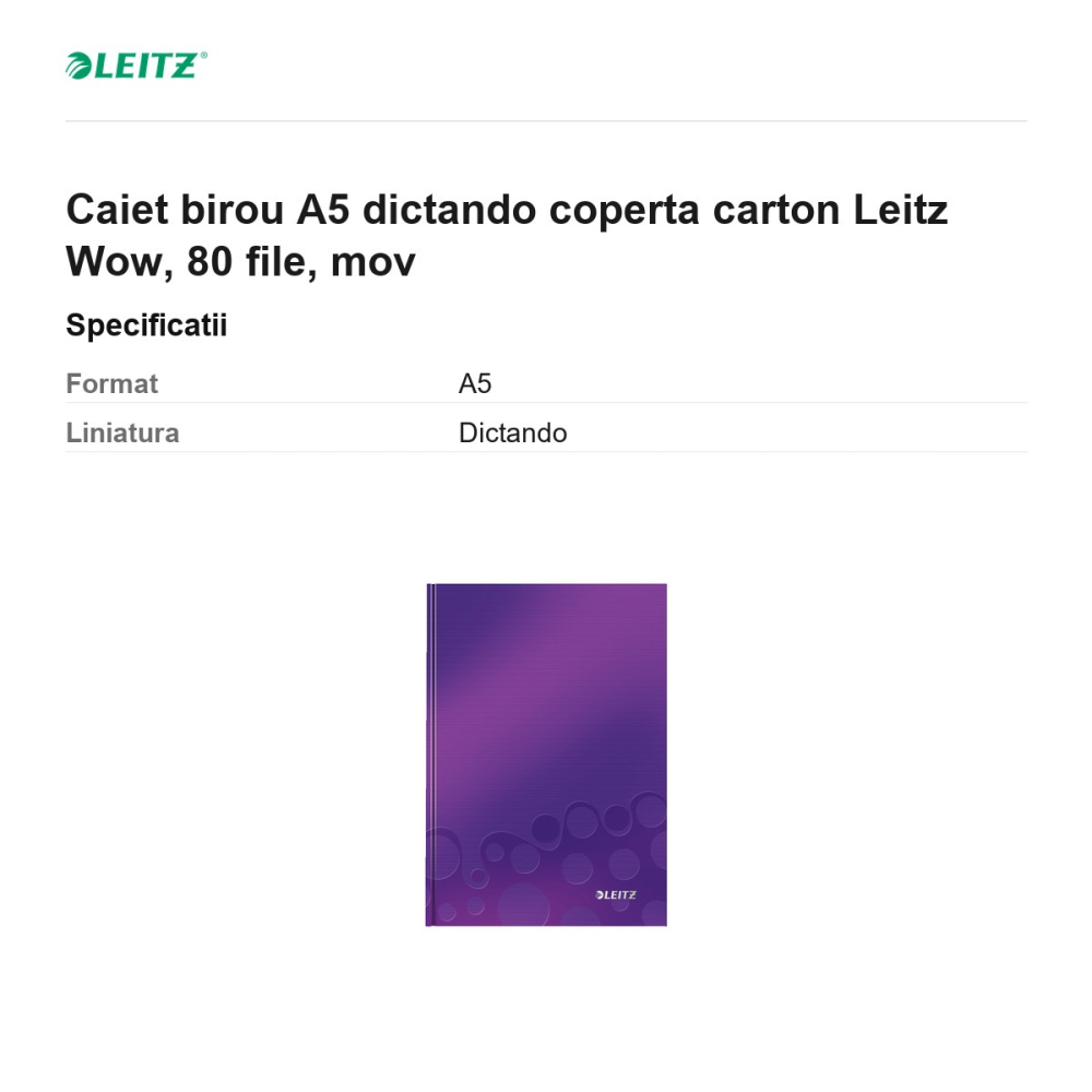 Caiet birou A5 dictando coperta carton Leitz Wow, 80 file, mov [3]