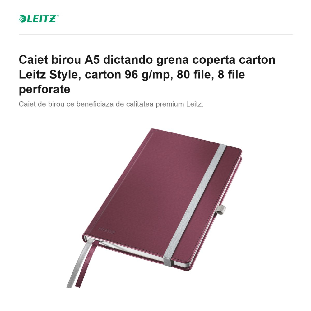 Caiet birou A5 dictando grena coperta carton Leitz Style, carton 96 g/mp, 80 file, 8 file perforate [2]