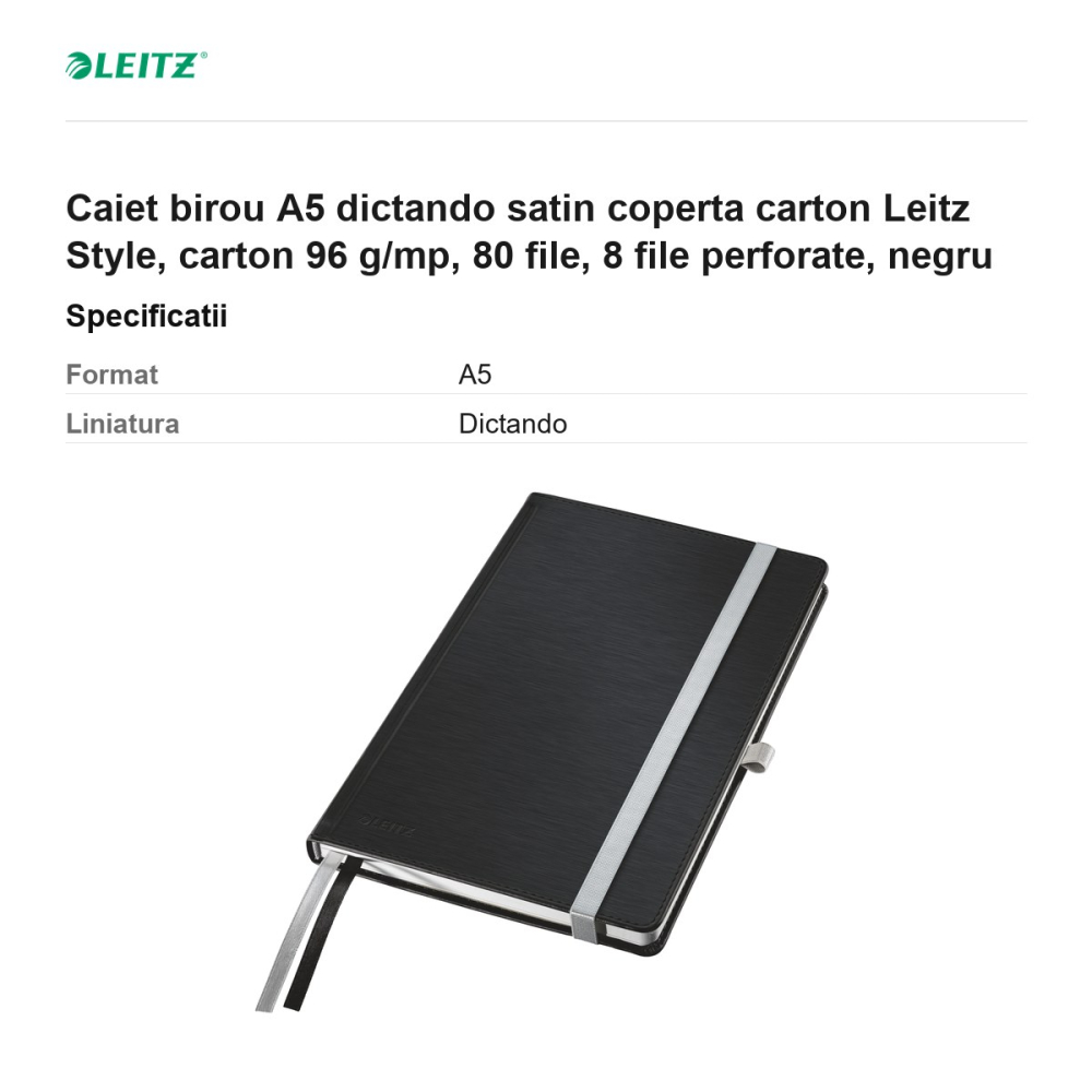 Caiet birou A5 dictando satin coperta carton Leitz Style, carton 96 g/mp, 80 file, 8 file perforate, negru [3]
