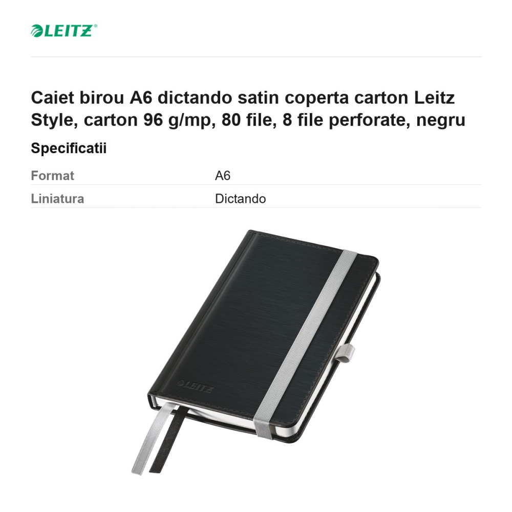 Caiet birou A6 dictando satin coperta carton Leitz Style, carton 96 g/mp, 80 file, 8 file perforate, negru [3]