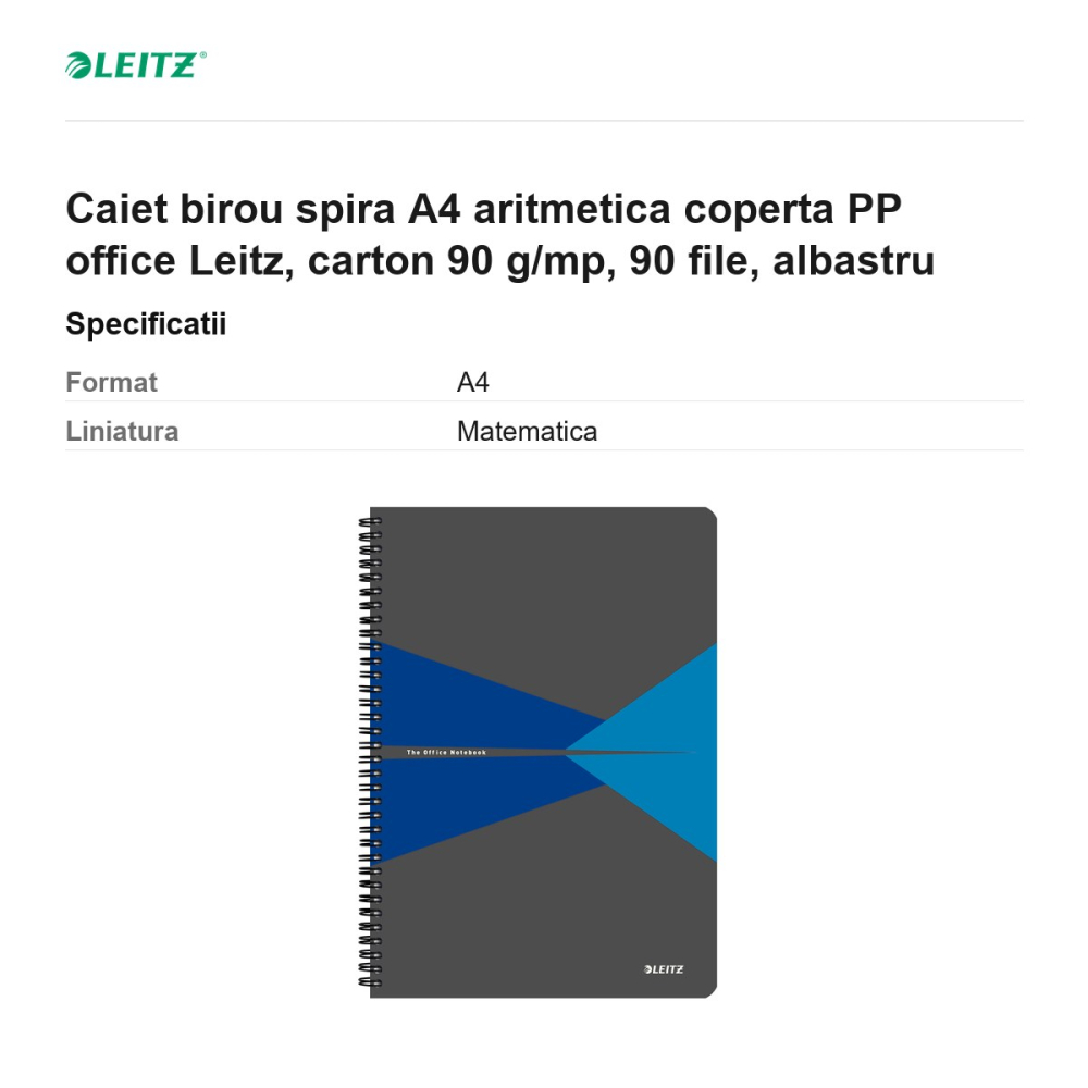 Caiet birou spira A4 aritmetica coperta PP office Leitz, carton 90 g/mp, 90 file, albastru [3]