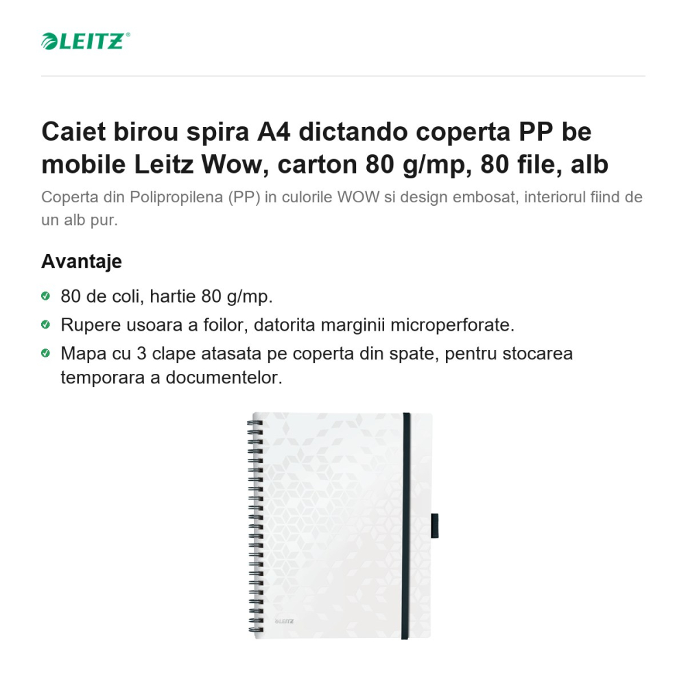 Caiet birou spira A4 dictando coperta PP be mobile Leitz Wow, carton 80 g/mp, 80 file, alb [2]