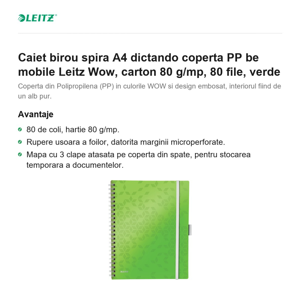 Caiet birou spira A4 dictando coperta PP be mobile Leitz Wow, carton 80 g/mp, 80 file, verde [2]