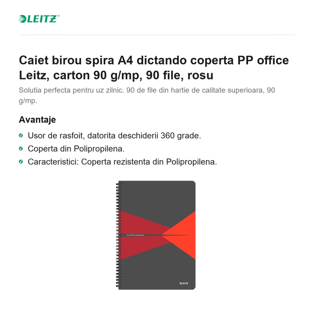 Caiet birou spira A4 dictando coperta PP office Leitz, carton 90 g/mp, 90 file, rosu [2]