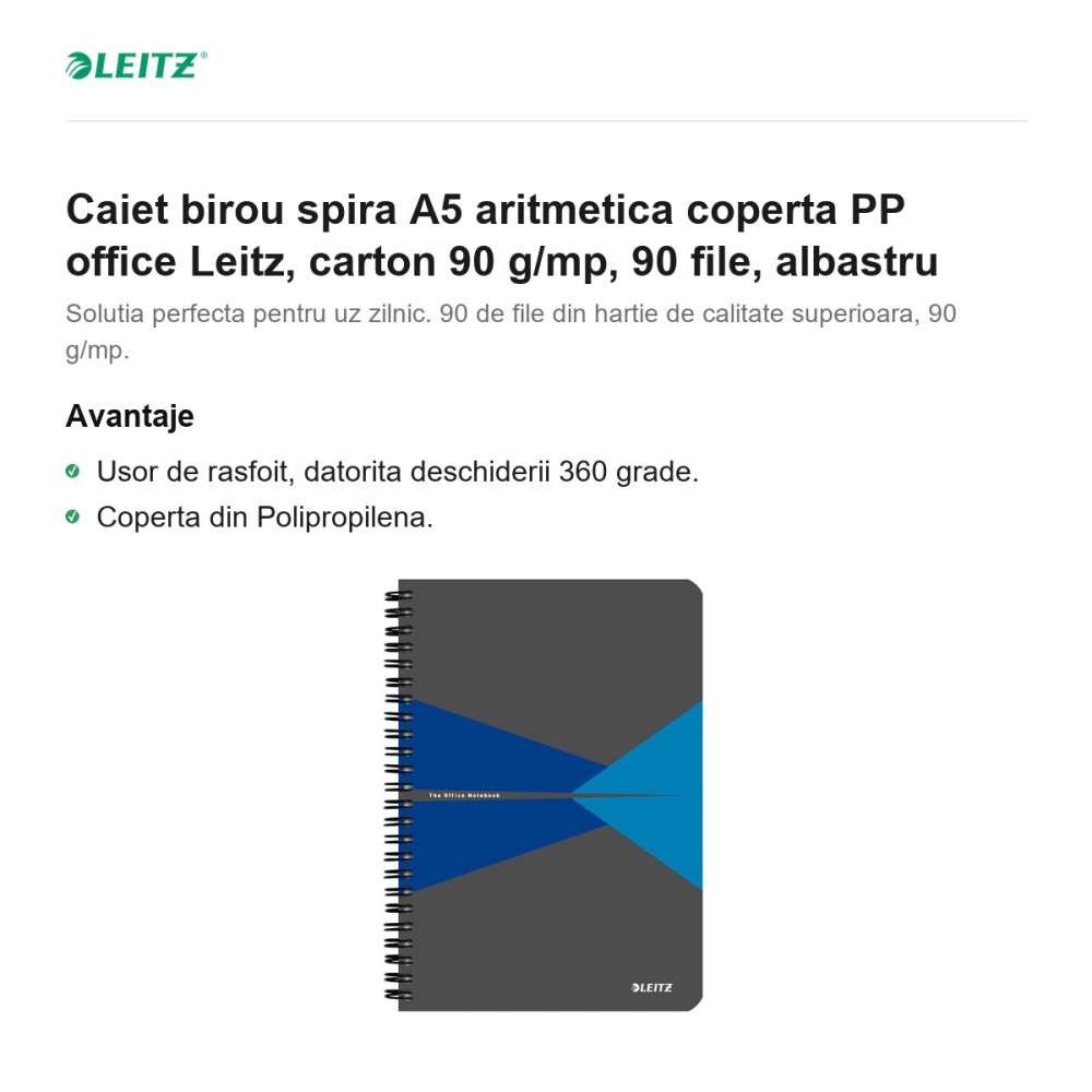 Caiet birou spira A5 aritmetica coperta PP office Leitz, carton 90 g/mp, 90 file, albastru [2]