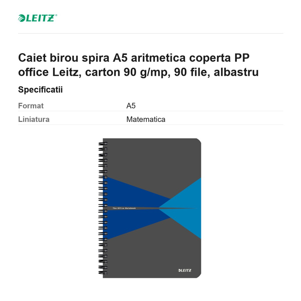 Caiet birou spira A5 aritmetica coperta PP office Leitz, carton 90 g/mp, 90 file, albastru [3]
