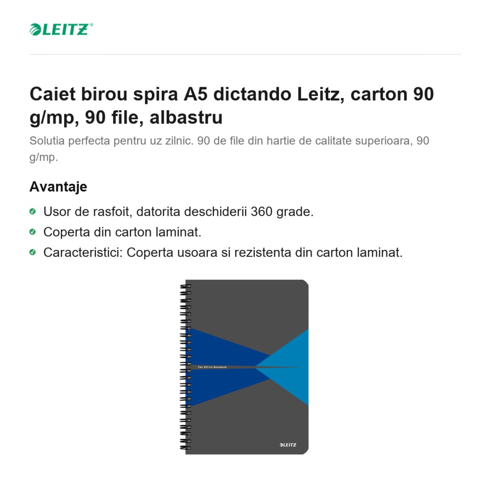 Caiet birou spira A5 dictando Leitz, carton 90 g/mp, 90 file, albastru [2]