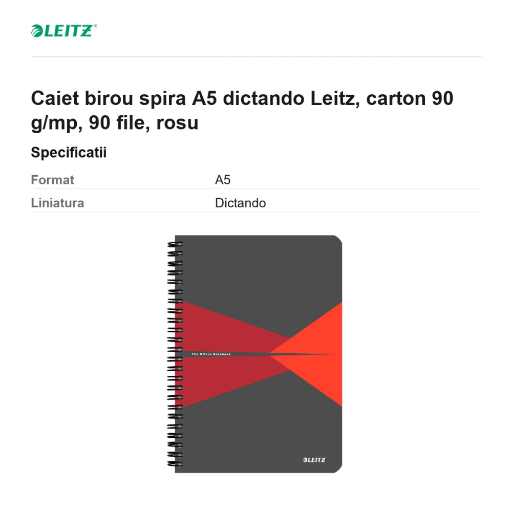 Caiet birou spira A5 dictando Leitz, carton 90 g/mp, 90 file, rosu [3]