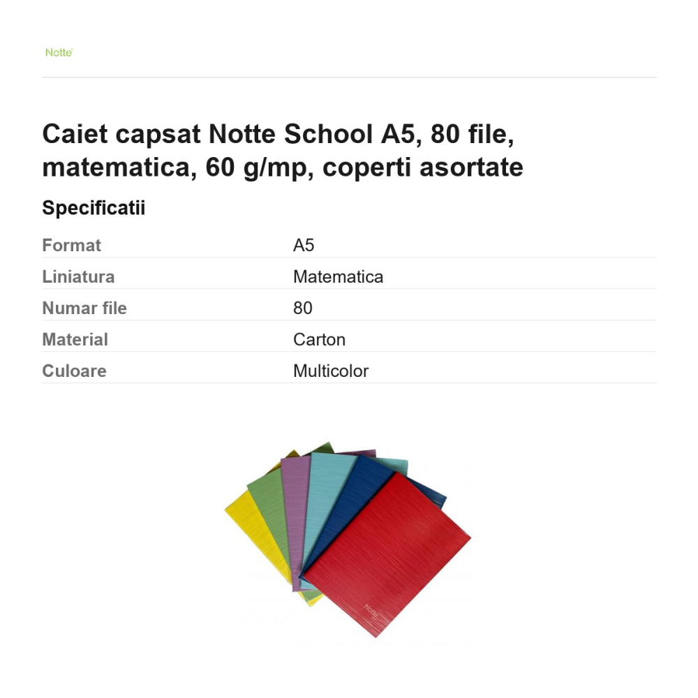 Caiet capsat Notte School A5, 80 file, matematica, 60 g/mp, coperti asortate [3]