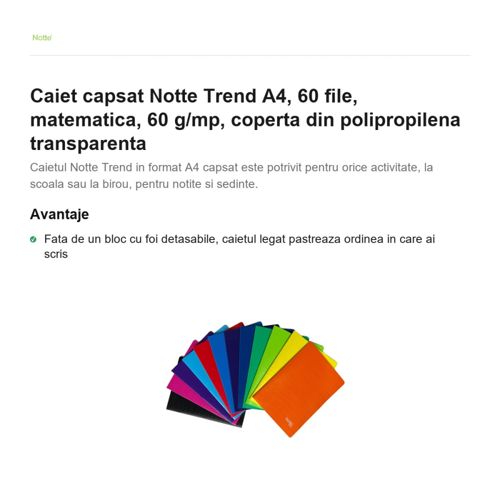 Caiet capsat Notte Trend A4, 60 file, matematica, 60 g/mp, coperta din polipropilena transparenta [2]