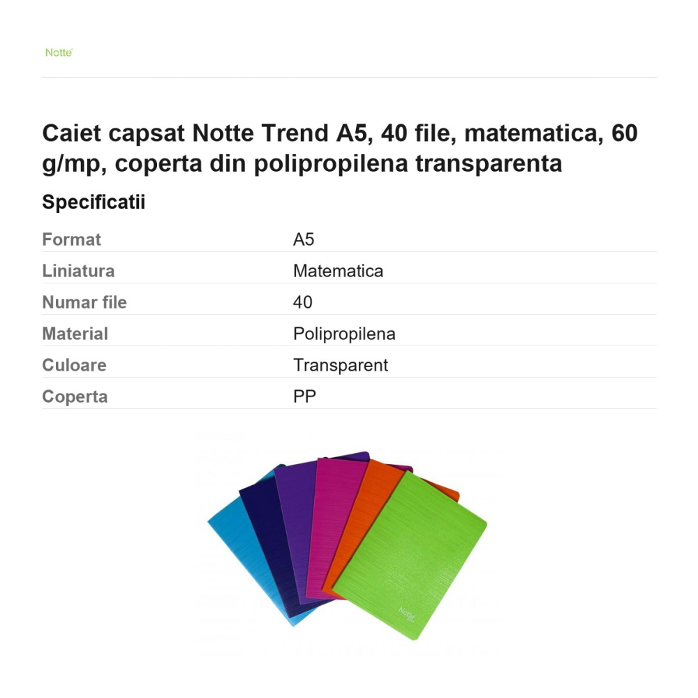 Caiet capsat Notte Trend A5, 40 file, matematica, 60 g/mp, coperta din polipropilena transparenta [3]