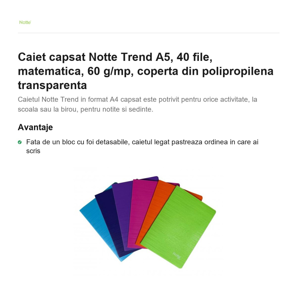 Caiet capsat Notte Trend A5, 40 file, matematica, 60 g/mp, coperta din polipropilena transparenta [2]