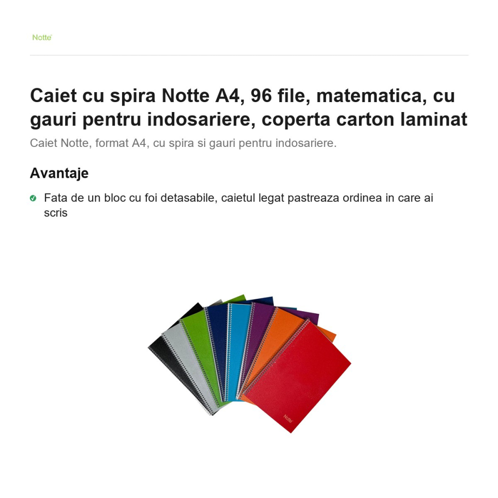 Caiet cu spira Notte A4, 96 file, matematica, cu gauri pentru indosariere, coperta carton laminat [2]
