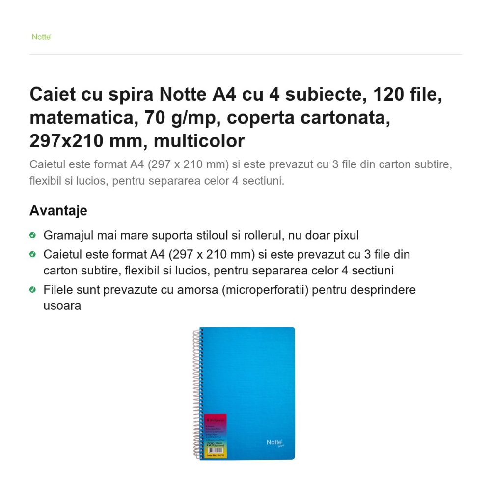 Caiet cu spira Notte A4 cu 4 subiecte, 120 file, matematica, 70 g/mp, coperta cartonata, 297x210 mm, multicolor [2]