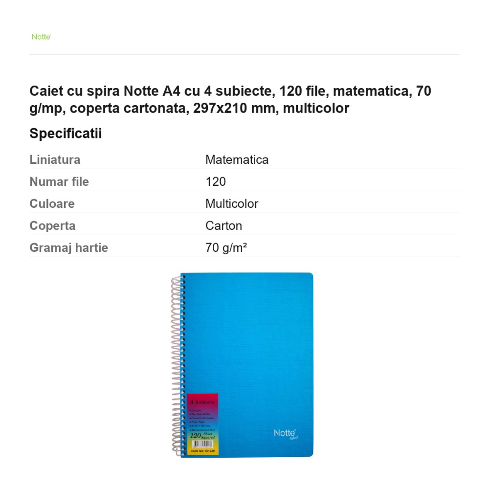Caiet cu spira Notte A4 cu 4 subiecte, 120 file, matematica, 70 g/mp, coperta cartonata, 297x210 mm, multicolor [3]