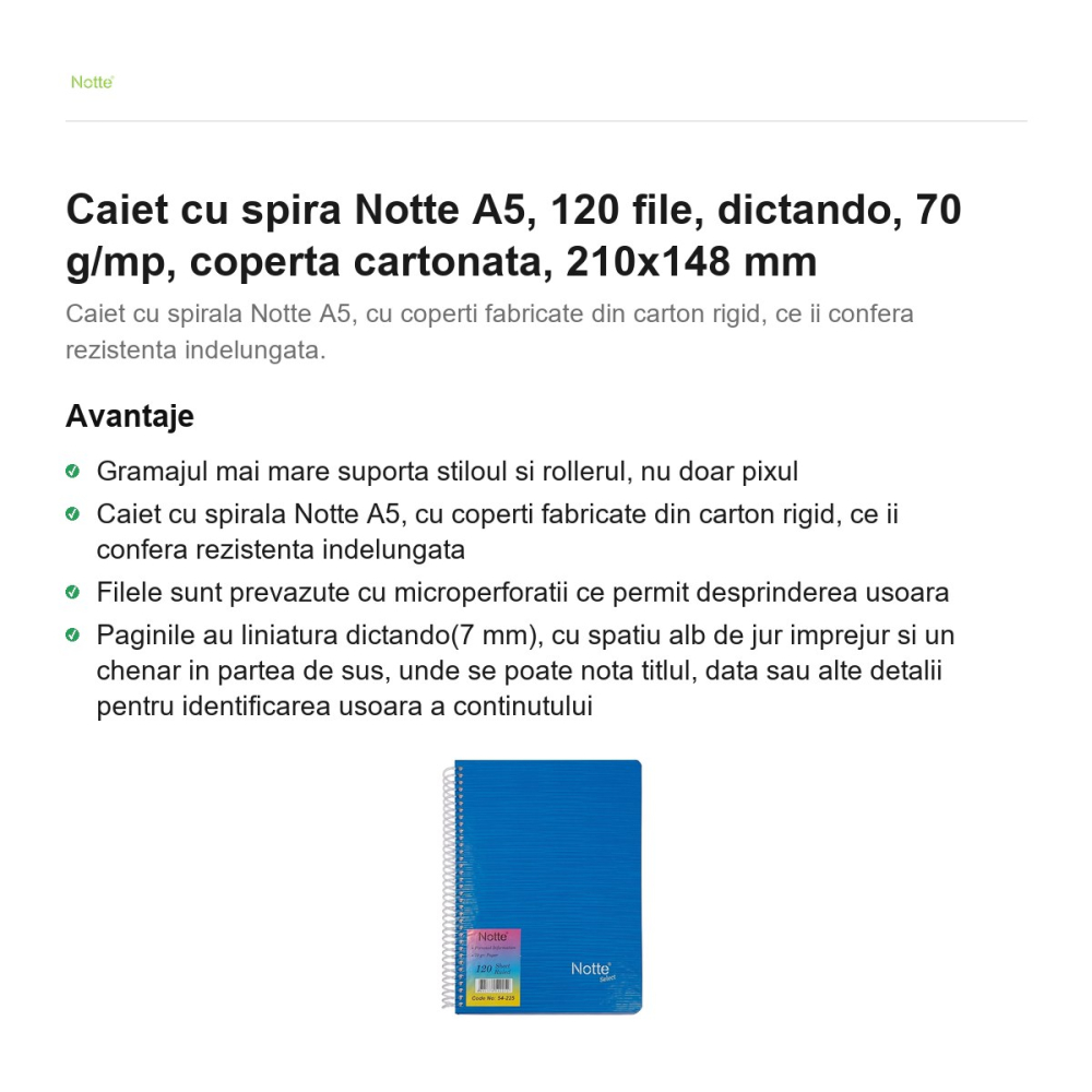 Caiet cu spira Notte A5, 120 file, dictando, 70 g/mp, coperta cartonata, 210x148 mm [2]