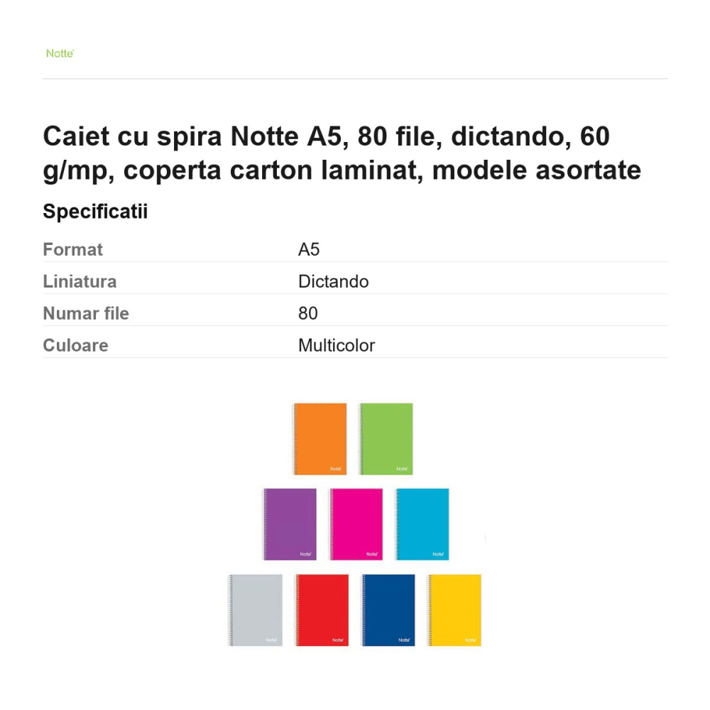 Caiet cu spira Notte A5, 80 file, dictando, 60 g/mp, coperta carton laminat, modele asortate [3]