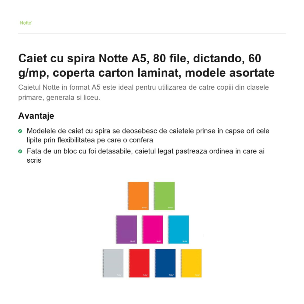 Caiet cu spira Notte A5, 80 file, dictando, 60 g/mp, coperta carton laminat, modele asortate [2]