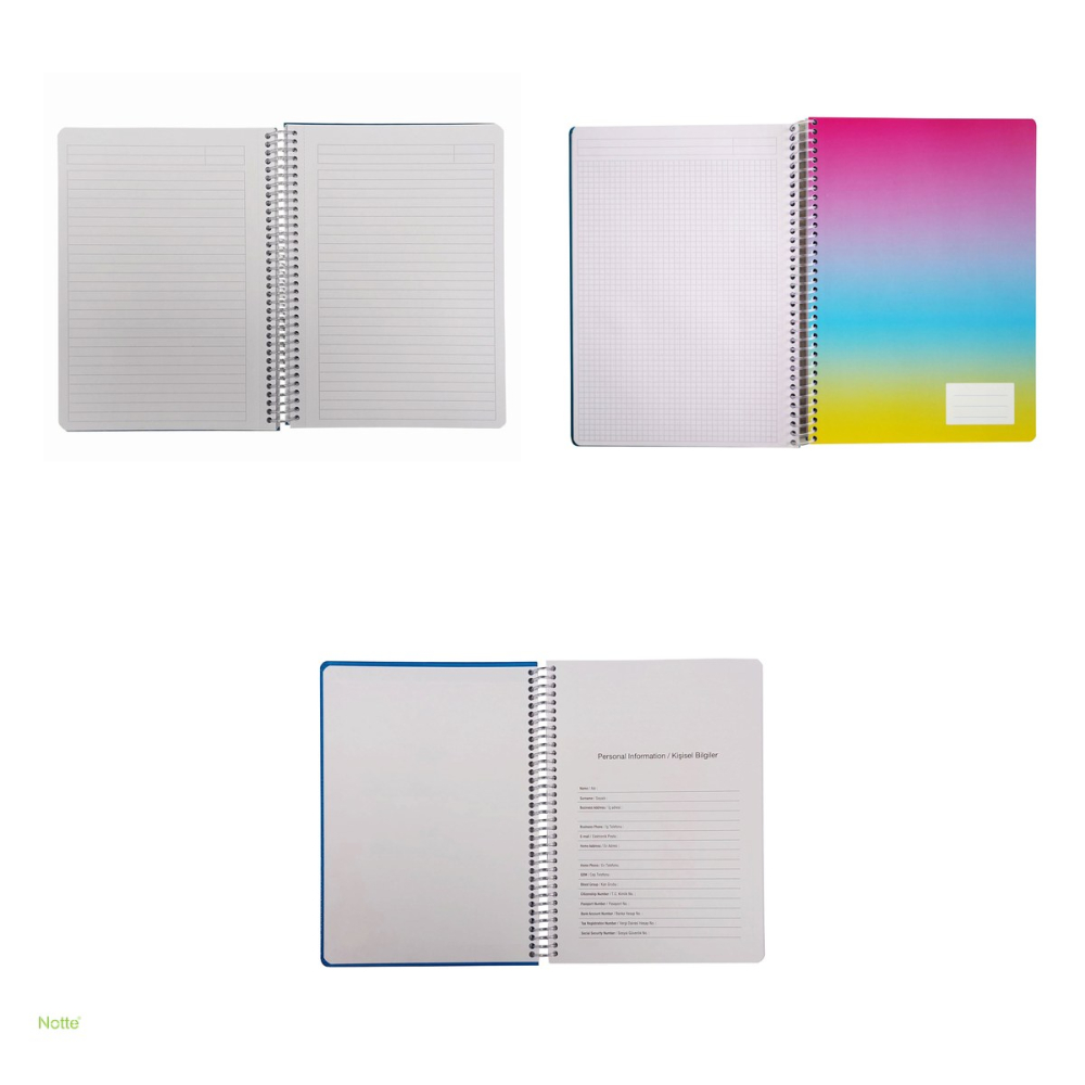 Caiet cu spira Notte C5 cu 4 subiecte, 120 file, dictando, 70 g/mp, coperta cartonata, 162x229 mm, multicolor [4]