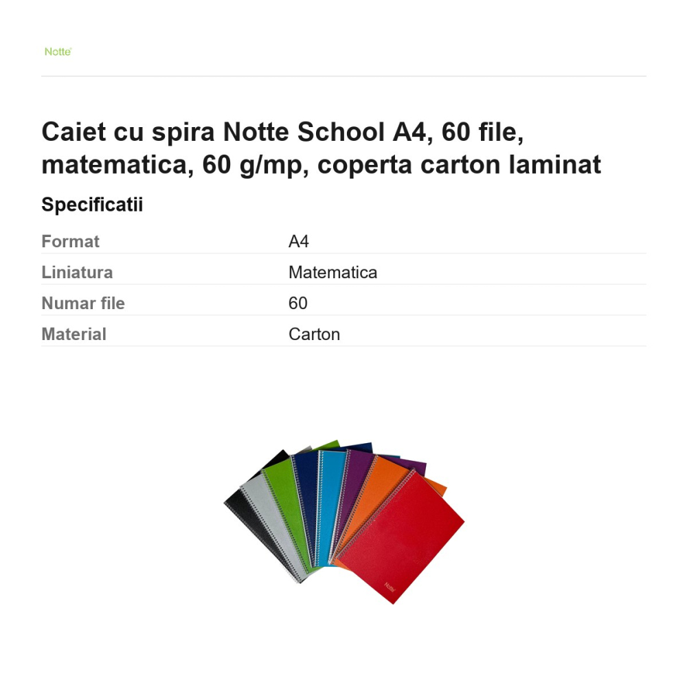Caiet cu spira Notte School A4, 60 file, matematica, 60 g/mp, coperta carton laminat [3]