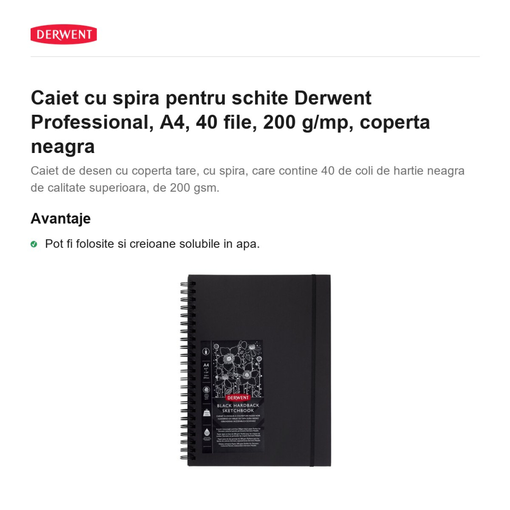 Caiet cu spira pentru schite Derwent Professional, A4, 40 file, 200 g/mp, coperta neagra [2]