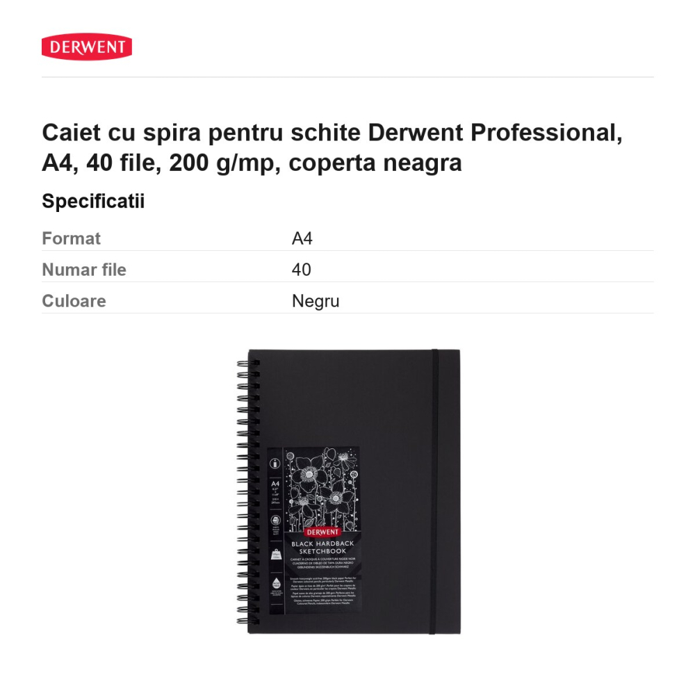 Caiet cu spira pentru schite Derwent Professional, A4, 40 file, 200 g/mp, coperta neagra [3]