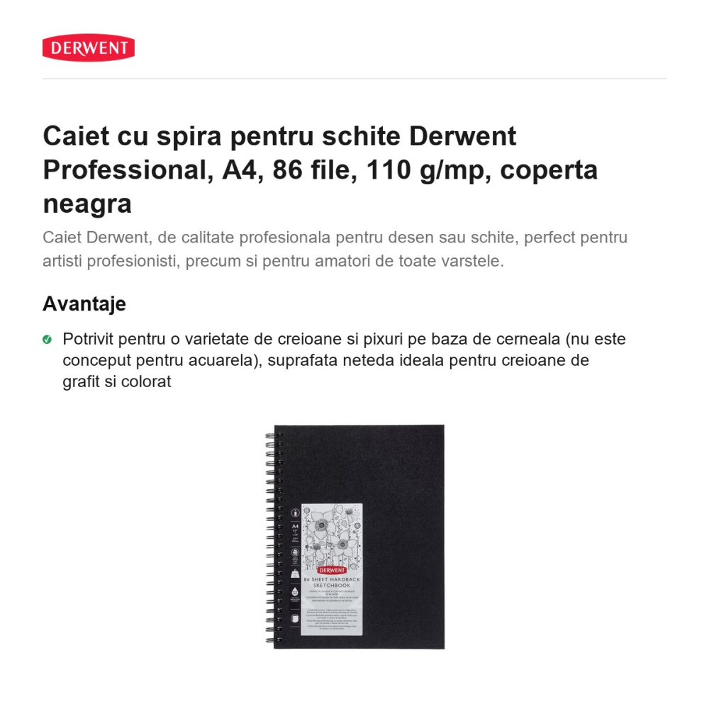 Caiet cu spira pentru schite Derwent Professional, A4, 86 file, 110 g/mp, coperta neagra [2]