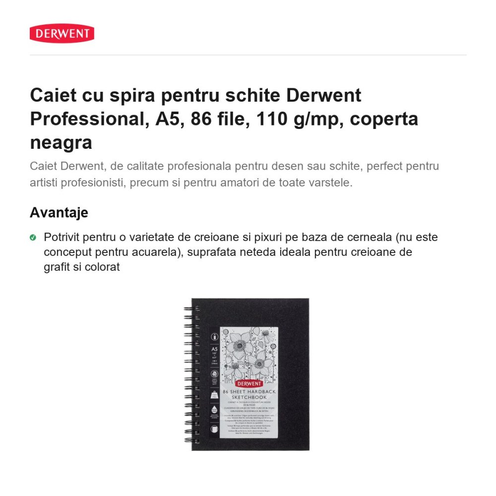 Caiet cu spira pentru schite Derwent Professional, A5, 86 file, 110 g/mp, coperta neagra [2]